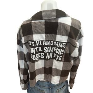 Plaid Fleece Button Up Crop Top MEDIUM All Fun Games Until Someone Loses An Eye